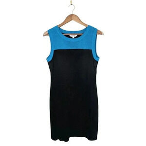 Exclusively Misook Petite Black Blue Colorblock Dress Acrylic Sheath Sleeveless